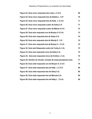 Razones y Proporciones y su conexión con otras áreas
8
Figura 23. Guía cinco respuesta dos Lesly J. C.V.A 69
Figura 24. Guía cinco respuesta tres de Natalia J. C.P. 70
Figura 25. Guía cinco respuesta tres de Kelly J. C.V.A 71
Figura 26. Guía cinco respuesta cuatro de Soley C.A 71
Figura 27. Guía cinco respuesta cuatro de Milena C.V.A 72
Figura 28. Guía seis respuesta uno de Brayan V C.V.A. 73
Figura 29. Guía seis respuesta dos de Soley C.A. 74
Figura 30. Guía seis respuesta dos de Wendy P, C.P. 74
Figura 31. Guía seis respuesta tres de Brayan V. C.V.A 74
Figura 32. Guía seis Respuesta cuatro de Yurley A. C.A. 75
Figura 33. Guía seis respuesta cinco de Soley C.A. 75
Figura 34. Guía seis respuesta cinco de Cristian J. C.A. 76
Figura 35. Hombre de vitrubio, tomado de (www.pauloporta.com). 77
Figura 36. Guía siete respuesta uno de Brayan A. C.V.A 78
Figura 37. Guía siete respuesta dos de Kelly J. C.V.A 80
Figura 38. Guía siete respuesta dos de Soley C.A 80
Figura 39. Guía siete respuesta tres de Marcela C.A. 80
Figura 40. Guía siete respuesta tres de Katty L. C.V.A. 80
 