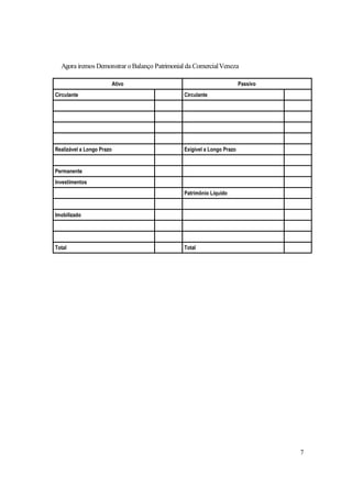Agora iremos Demonstrar o Balanço Patrimonial da Comercial Veneza

                           Ativo                                        Passivo
Circulante                                     Circulante




Realizável a Longo Prazo                       Exigível a Longo Prazo


Permanente
Investimentos
                                               Patrimônio Líquido


Imobilizado




Total                                          Total




                                                                                  7
 