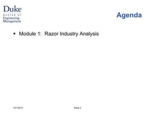 Agenda 
 Module 1: Razor Industry Analysis 
10/1/2014 Week 2 
 