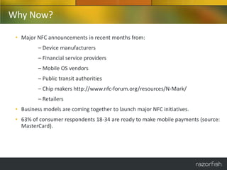 Why Now?

 • Major NFC announcements in recent months from:
          – Device manufacturers
          – Financial service providers
          – Mobile OS vendors
          – Public transit authorities
          – Chip makers http://www.nfc-forum.org/resources/N-Mark/
          – Retailers
 • Business models are coming together to launch major NFC initiatives.
 • 63% of consumer respondents 18-34 are ready to make mobile payments (source:
   MasterCard).
 
