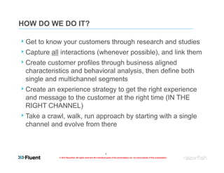 HOW DO WE DO IT?

‣ Get to know your customers through research and studies
‣ Capture all interactions (whenever possible), and link them
‣ Create customer profiles through business aligned
 characteristics and behavioral analysis, then define both
 single and multichannel segments
‣ Create an experience strategy to get the right experience
 and message to the customer at the right time (IN THE
 RIGHT CHANNEL)
‣ Take a crawl, walk, run approach by starting with a single
 channel and evolve from there



                                                                9
             © 2012 Razorfish. All rights reserved. No individual parts of the presentation can be used outside of this presentation.
 