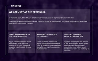 29
FINDINGS
WE ARE JUST AT THE BEGINNING.
In the next 5 years, 71% of Future Smartphone Dominant users will migrate and make mobile first
This group will expand throughout the next 5 years to include all demographics, not just the early adaptors: Millennials,
parents with young kids or Hispanics
DEVELOPING EXPERIENCES
FOR LARGER SCREENS.
Bigger screens sizes drive mobile
engagement. They also offer
opportunity for more viewable &
engaging experiences to develop
around
IMPROVING CROSS DEVICE
EXPERIENCES.
Communications, content, and
search the biggest opportunities as
2/5 of all smartphone owners already
attempt to port experiences across
multiple devices
ADAPTING TO TRENDS
IN THE APP REVOLUTION.
Apps are where digital time is spent
& app replacement is what is driving
app downloads. Developers of
experiences need to think about
iteration, innovation and marketing to
drive trial
 