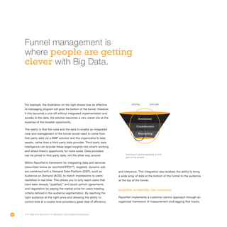 34
For example, the illustration on the right shows how an effective
re-messaging program will grow the bottom of the funnel. However,
if this becomes a one-off without integrated implementation and
access to the data, the solution becomes a very clever silo at the
expense of the broader opportunity.
The reality is that the rules and the data to enable an integrated
view and management of the funnel would need to come from
first-party data via a DMP solution and the organization’s data
assets, rather than a third-party data provider. Third-party data
intelligence can provide these larger insights into what’s working
and where there’s opportunity for more scale. Data providers
can be joined to first-party data, not the other way around.
Within Razorfish’s framework for integrating data and services
(described below as razorfishOPENTM
), targeted, dynamic ads
are combined with a Demand Side Platform (DSP), such as
Audience on Demand (AOD), to match impressions to users
identified in real time. This allows you to only reach users that
have been already “qualified,” and avoid upfront agreements
and negotiation by paying the market price for users meeting
criteria defined in the audience segmentation. By reaching the
right audience at the right price and allowing the ability to
control bids at a cookie level provides a great deal of efficiency
and relevance. This integration also enables the ability to bring
a wide array of data at the bottom of the funnel to the audience
at the top of the funnel.
Inability to identify the customer
Razorfish implements a customer-centric approach through an
organized framework of measurement and tagging that tracks
It’s Time for Big Data to Improve Customer Experience
DIGITAL OFFLINE
Consideration
Awareness
Retargeting
Conversion and remarketing is only
part of the answer.
Funnel management is
where people are getting
clever with Big Data.
 