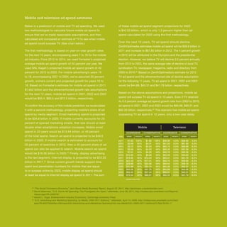 97OUTLOOK REPORT | VOL 10
Below is a prediction of mobile and TV ad spending. We used
two methodologies to calculate future mobile ad spend to
ensure that we’ve made reasonable assumptions, and then
calculated and compared an estimate of TV to see when mobile
ad spend could surpass TV. (See chart below.)
The first methodology is based on year-on-year growth rates
for the next 10 years, encompassing years 7 to 18 for the mobile
ad industry. From 2012 to 2014, we used Forrester’s projected
average mobile ad spend growth of 50 percent per year. We
used SNL Kagan’s projected mobile ad spend growth of 40
percent for 2015 to 2020. For mobile advertising’s years 16
to 18, encompassing 2021 to 2024, we’ve assumed 20 percent
growth, online’s current and projected growth for years 16 to
18. Based on Forrester’s estimate for mobile ad spend in 2011,
$1.652 billion and the aforementioned growth rate assumptions
for the next 12 years, mobile ad spend in 2021, 2022 and 2023
would be $50.4, $60.5 and $72.5 billion, respectively.
To confirm the accuracy of this mobile prediction we recalculated
it with a second methodology, projecting mobile’s share of ad
spend by media segment. Email marketing spend is projected
to be $34.6 billion in 2020. If mobile currently accounts for 20
percent of opened marketing emails, that rate should at least
double when smartphone adoption increases. Mobile email
spend in 20 years would be $13.84 billion, or 40 percent
of the total spend. Search ad spend is projected to be $40.9
billion in 2020. If mobile search is estimated to account for
20 percent of searches in 2012, then a 40 percent share of ad
spend can also be applied to search. Mobile search ad spend
would be $16.36 billion in 2020.23
Finally, display advertising
is the last segment. Internet display is projected to be $12.33
billion in 2011.24
Since current growth trends support time
spent and penetration numbers for mobile that are equal
to or surpass online by 2020, mobile display ad spend should
at least be equal to Internet display ad spend in 2011. The sum
Mobile and television ad spend estimates
23
“The Social Commerce Economy,” Jack Myers Media Business Report, August 23, 2011, http://jackmyers.v.reutersinsider.com/.
24
David Hallerman, “U.S. Online Ad Spending: The Floodgates Are Open,” eMarketer, June 29, 2011, http://totalaccess.emarketer.com/Reports/
Viewer.aspx?R=2000787.
25
Harold L. Vogel, Entertainment Industry Economics, Cambridge University Press.
26
“U.S. Advertising and Marketing Spending, by Media, 2005-2011 (billions),” eMarketer, April 14, 2009, http://totalaccess.emarketer.com/Chart.
aspx?R=84272dsNav=Ntk:basic|US+Advertising+and+Marketing+Spending%2c+by+Media%2c+2005+2011+(billions)|1|,Rpp:50,Ro:-1.
2023
2022
2021
2020
2019
2018
2017
2016
2015
2014
2013
2012
2011
$72.54 $68.81 $65.33 $41.7920%20% 0.5% -3.5%
$60.45 $57.34 $65.01 $43.3120%20% 0.5% -3.5%
$50.38 $47.78 $64.68 $44.8840%20% 0.5% -3.5%
$41.98 $34.13 $64.36 $46.5140%40% 0.5% -3.5%
$29.99 $24.38 $64.04 $48.1940%40% 0.5% -3.5%
$21.42 $17.41 $63.72 $49.9440%40% 0.5% -3.5%
$15.30 $12.44 $63.41 $51.7540%40% 0.5% -3.5%
$10.93 $8.88 $63.09 $53.6340%40% 0.5% -3.5%
$7.81 $6.35 $62.78 $55.5840%40% 0.5% -3.5%
$5.58 $4.53 $62.46 $57.5940%50% 0.5% -3.5%
$3.72 $3.24 $62.15 $59.6840%50% 0.5% -3.5%
$2.48 $2.31 $61.85 $61.8540%50% 5.0% 5.0%
$1.65 $1.65 $58.90 $58.90125%125% 4.0% 4.0%
AGGRESSIVE AGGRESSIVECONSERVATIVE CONSERVATIVE
SPENDYEAR SPENDSPEND SPENDGROWTH GROWTHGROWTH GROWTH
of these mobile ad spend segment projections for 2020
is $42.53 billion, which is only 1.3 percent higher than ad
spend calculated for 2020 using the first methodology.
Over the next 10 years, TV ad spend should decline.
ZenithOptimedia estimates mobile ad spend will be $58.9 billion in
2011 and increase to $61.85 billion in 2012. The 4 percent growth
in 2012 will be attributed to the Olympics and the presidential
election. However, we believe TV will decline 3.5 percent annually
from 2013 to 2023, the same average rate of decline of local TV,
syndication TV, newspaper, magazine, radio and directory from
2000 to 2010.25
Based on ZenithOptimedia’s estimate for 2012
TV ad spend and the aforementioned rate of decline assumption
for the following 11 years, TV ad spend in 2021, 2022 and 2023
would be $44.88, $43.31 and $41.79 billion, respectively.
Based on the above assumptions and projections, mobile ad
spend will surpass TV ad spend in 10 years. Even if TV retained
its 0.5 percent average ad spend growth rate from 2000 to 2010,
ad spend in 2021, 2022 and 2023 would be $64.68, $65.01 and
$65.33 billion, respectively.26
This scenario has mobile ad spend
surpassing TV ad spend in 12 years, only a two-year delay.
Mobile Television
*SPEND IN BILLIONS
 