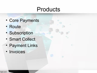 Products
• Core Payments
• Route
• Subscription
• Smart Collect
• Payment Links
• Invoices
 