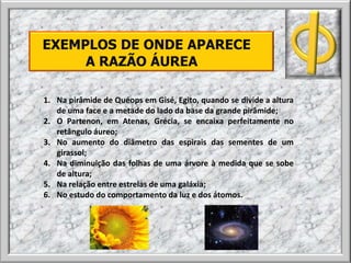 EXEMPLOS DE ONDE APARECE
A RAZÃO ÁUREA
1. Na pirâmide de Quéops em Gisé, Egito, quando se divide a altura
de uma face e a metade do lado da base da grande pirâmide;
2. O Partenon, em Atenas, Grécia, se encaixa perfeitamente no
retângulo áureo;
3. No aumento do diâmetro das espirais das sementes de um
girassol;
4. Na diminuição das folhas de uma árvore à medida que se sobe
de altura;
5. Na relação entre estrelas de uma galáxia;
6. No estudo do comportamento da luz e dos átomos.
 