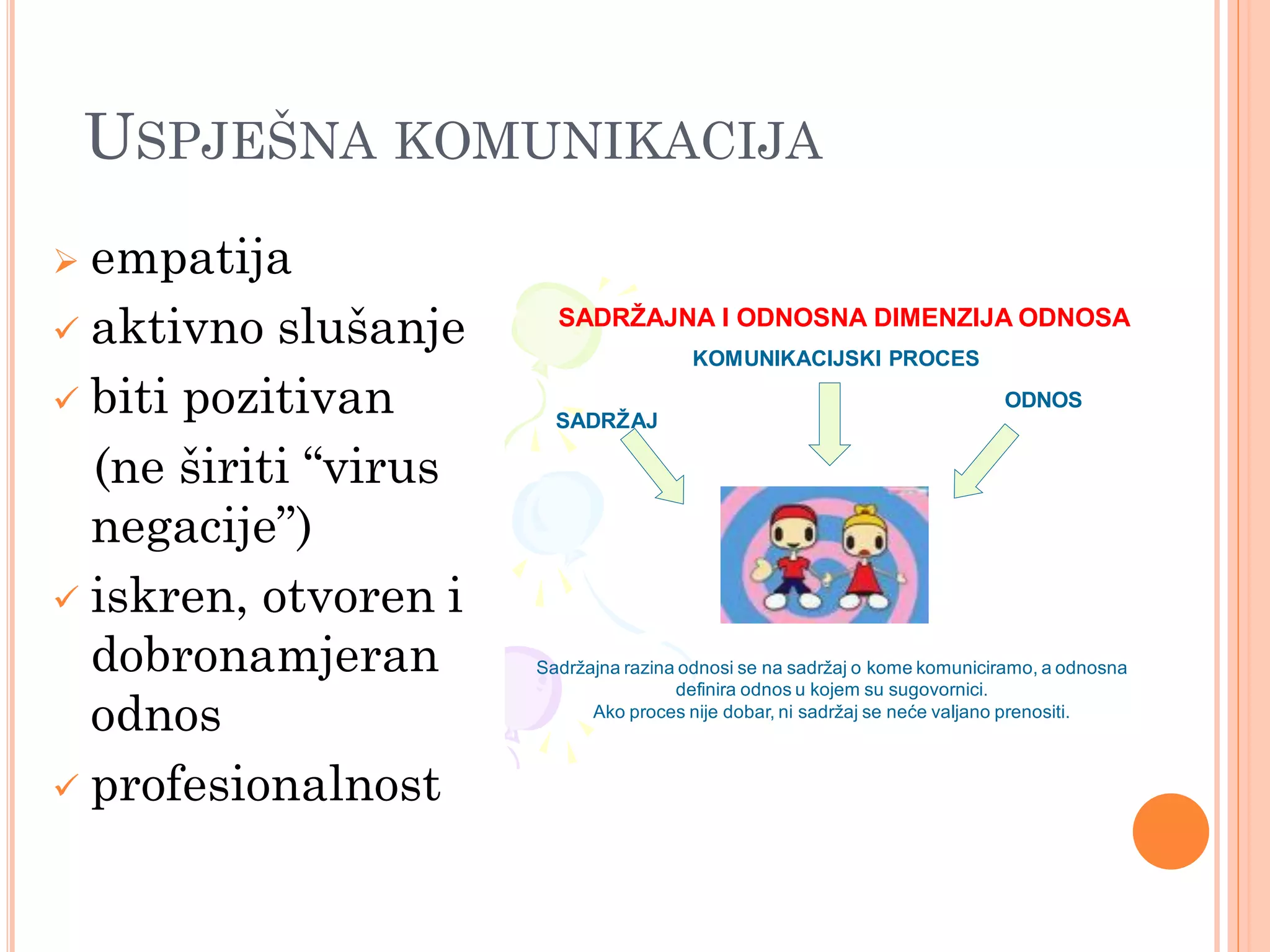 USPJEŠNA KOMUNIKACIJA
 empatija
 aktivno slušanje      SADRŽAJNA I ODNOSNA DIMENZIJA ODNOSA
                                       KOMUNIKACIJSKI PROCES

 biti pozitivan        SADRŽAJ
                                                                           ODNOS


  (ne širiti “virus
  negacije”)
 iskren, otvoren i
  dobronamjeran       Sadržajna razina odnosi se na sadržaj o kome komuniciramo, a odnosna


  odnos
                                      definira odnos u kojem su sugovornici.
                            Ako proces nije dobar, ni sadržaj se neće valjano prenositi.



 profesionalnost
 