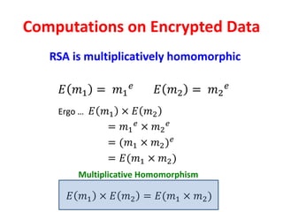 Computations on Encrypted Data
RSA is multiplicatively homomorphic
𝐸 𝑚1 = 𝑚1
𝑒
𝐸 𝑚2 = 𝑚2
𝑒
Ergo … 𝐸 𝑚1 × 𝐸 𝑚2
= 𝑚1
𝑒 × 𝑚2
𝑒
= (𝑚1 × 𝑚2) 𝑒
= 𝐸(𝑚1 × 𝑚2)
𝐸 𝑚1 × 𝐸 𝑚2 = 𝐸(𝑚1 × 𝑚2)
Multiplicative Homomorphism
 