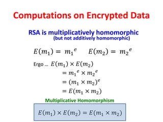 Computations on Encrypted Data
RSA is multiplicatively homomorphic
𝐸 𝑚1 = 𝑚1
𝑒
𝐸 𝑚2 = 𝑚2
𝑒
Ergo … 𝐸 𝑚1 × 𝐸 𝑚2
= 𝑚1
𝑒 × 𝑚2
𝑒
= (𝑚1 × 𝑚2) 𝑒
= 𝐸(𝑚1 × 𝑚2)
𝐸 𝑚1 × 𝐸 𝑚2 = 𝐸(𝑚1 × 𝑚2)
Multiplicative Homomorphism
(but not additively homomorphic)
 