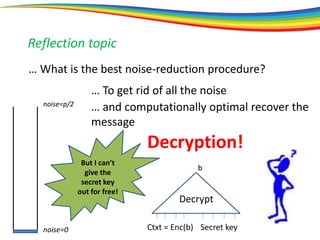 noise=0
noise=p/2
Reflection topic
… What is the best noise-reduction procedure?
… To get rid of all the noise
… and computationally optimal recover the
message
Decryption!
Secret key
Decrypt
b
Ctxt = Enc(b)
But I can’t
give the
secret key
out for free!
 