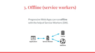 3. Offline (service workers)
Progressive Web Apps can run offline
with the help of Service Workers (SW).
 