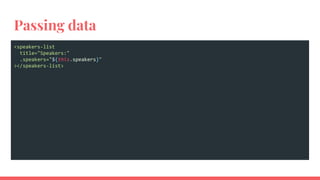 Passing data
<speakers-list
title="Speakers:"
.speakers="${this.speakers}"
></speakers-list>
 