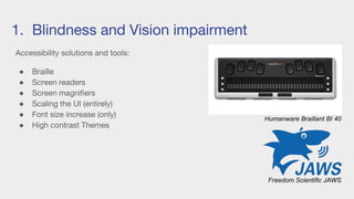 1. Blindness and Vision impairment
Accessibility solutions and tools:
● Braille
● Screen readers
● Screen magnifiers
● Scaling the UI (entirely)
● Font size increase (only)
● High contrast Themes
Humanware Braillant BI 40
Freedom Scientific JAWS
 