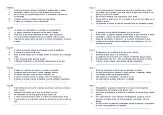 TEXTO 05 
I. Frente a las personas conocidas, el profesor se mostraba tímido y callado. 
II. Normalmente hablaba muy poco con las personas que ya conocía. 
III. Solo en el aula, con personas desconocidas, su conocimiento era vertido sin 
inconvenientes. 
IV. La cátedra parecía ser su estímulo esperado cada mañana. 
V. El estudio y la investigación eran su complemento. 
_________________________________________________________ 
Texto 06 
I. Los egipcios son responsables, en gran parte, de las supersticiones. 
II. Los egipcios organizaron el calendario en días fastos y nefastos. 
III. Habían días en que debían abstenerse de cantar y tocar instrumentos. 
IV. Unos en que estaba prohibido lavarse, comer pescado o salir de la casa. 
V. En general, los egipcios fueron los pioneros de muchas curiosidades a lo largo de 
la historia. 
_________________________________________________________ 
Texto 07 
I. El hombre se comunica a través de un lenguaje provisto de significados. 
II. El lenguaje sirve para transmitir ideas. 
III. A esto se podría replicar que los animales también se comunican con un lenguaje 
propio. 
IV. Sí, pero el lenguaje animal transmite señales. 
V. La diferencia fundamental es que el hombre reflexiona sobre lo que dice. 
_________________________________________________________ 
Texto 08 
I. El collage es una técnica que crearon los cubistas y surrealistas. 
II. Consiste en pegar sobre el lienzo o tablas, materiales diversos. 
III. Por ejemplo, periódicos, hojas de colores, fotografías, etc. 
IV. En su obre, Yves Klein plasma por ejemplo, relieve en esponja azul. 
V. Al plasmar en el objeto el artista lo embellece y con ello embelesa al espectador. 
_____________________________________________________________ 
Texto 09 
I. En los instrumentos de3 cuerda los sonidos se producen cuando las cuerdas se 
tensan y vibran. 
II. Dependerá de la presión que se hace con los dedos a un arco. 
III. Son instrumentos de cuerda la guitarra, el arpa, el piano, etc. 
IV. El sonido del arpa se produce cuando se pellizcan las cuerdas con los dedos. 
V. El piano también es un instrumento de este tipo, aunque las cuerdas no están a la 
vista. 
______________________________________________________________ 
Texto 10 
I. ¡Cómo podía permanecer insensible ante sus líneas y el asunto que los motiva! 
II. Me gustaría mucho ayudarle y creo poder hacerlo de algún modo, aunque no con 
dinero, por lo que a mí respecta. 
III. Me conmuevo fácilmente ante los problemas de los demás. 
IV. Cuando recibí su carta ayer por correo, acababa de enviar otra a un colega que se 
hallaba en apuros. 
V. Las peticiones de carácter privado que me suelen llegar son demasiado grandes. 
_________________________________________________________________ 
Texto 11 
I. El periodismo es una actividad fundamental para la vida social. 
II. En tal sentido, un auténtico periodista no debe limitar su labor a transmitir la noticia. 
III. La conflictiva y caótica vida actual exige al periodista su palabra personal. 
IV. Exige una interpretación de los hechos y la proyección de situaciones futuras. 
V. La mayoría de periodistas acaban sometiéndose a los regímenes de turno por 
conveniencia personal. 
_________________________________________________________________ 
Texto 12 
I. El esperanto es muy practicado en Europa central y oriental. 
II. Fenómeno artificial usado en la comunicación. 
III. Su objetivo fue servir de puente entre hablantes de diferentes lenguas nativas. 
IV. Fue desarrollado entre 1877 y 1885 por el lingüista Lejzer Zamanhof de Polonia. 
V. El griego y el latín muestran una gramática diferente al esperanto.+ 
______________________________________________________________ 
Texto 13 
I. El hombre se distingue de los animales por la facultad de hablar. 
II. Es capaz de comunicarse mediante un código simbólico y totalmente artificial. 
III. Los animales pueden usar el lenguaje simbólico. 
IV. Esta facultad la va desarrollando a lo largo de su vida. 
V. Así puede referirse a objetos abstractos y no mediatos. 
________________________________________________________________ 
Texto 14 
I. En la gestación, la sustancia fundamental de la sangre es la hemoglobina. 
II. La hemoglobina está presente en los glóbulos rojos. 
III. Para formar la hemoglobina extra durante el embarazo, se necesita mayor cantidad 
de hierro. 
IV. Para poder mantener niveles adecuados de hemoglobina y asegurar un buen 
suministro de oxígeno al feto, se receta a gestantes, casi siempre, hierro en 
tabletas. 
V. En caso contrario, las anemias son frecuentes durante el embarazo, principalmente 
si inciden varias gestaciones muy seguidas. 
_____________________________________________________________ 
 