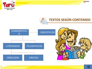 Inicio
TEXTOS SEGÚN CONTENIDO
HUMANISTICO
S
CIENTIFICOS
LITERARIOS FILOSOFICOS
CREACION CRITICA
 
