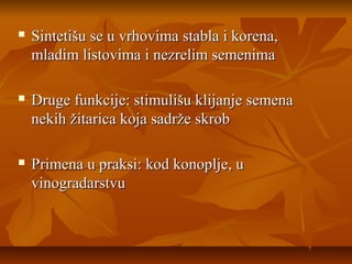 

Sintetišu se u vrhovima stabla i korena,
mladim listovima i nezrelim semenima



Druge funkcije: stimulišu klijanje semena
nekih žitarica koja sadrže skrob



Primena u praksi: kod konoplje, u
vinogradarstvu

 