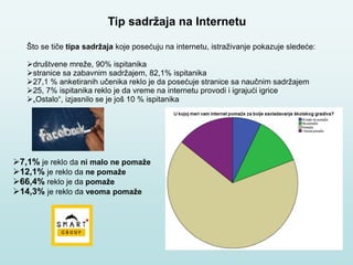 7,1% je reklo da ni malo ne pomaže
12,1% je reklo da ne pomaže
66,4% reklo je da pomaže
14,3% je reklo da veoma pomaže
Što se tiče tipa sadržaja koje posećuju na internetu, istraživanje pokazuje sledeće:
društvene mreže, 90% ispitanika
stranice sa zabavnim sadržajem, 82,1% ispitanika
27,1 % anketiranih učenika reklo je da posećuje stranice sa naučnim sadržajem
25, 7% ispitanika reklo je da vreme na internetu provodi i igrajući igrice
„Ostalo“, izjasnilo se je još 10 % ispitanika
Tip sadržaja na Internetu
 