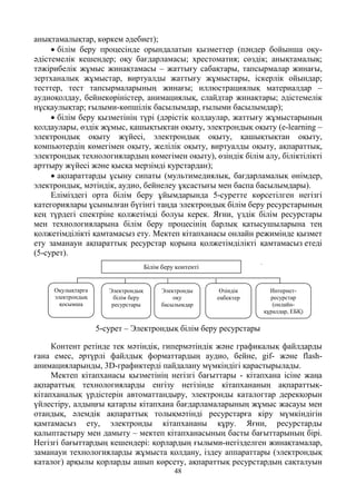 48
анықтамалықтар, көркем әдебиет);
• білім беру процесінде орындалатын қызметтер (пәндер бойынша оқу-
әдістемелік кешендер; оқу бағдарламасы; хрестоматия; сөздік; анықтамалық;
тәжірибелік жұмыс жинақтамасы – жаттығу сабақтары, тапсырмалар жинағы,
зертханалық жұмыстар, виртуалды жаттығу жұмыстары, іскерлік ойындар;
тесттер, тест тапсырмаларының жинағы; иллюстрациялық материалдар –
аудиоқолдау, бейнекөріністер, анимациялық, слайдтар жинақтары; әдістемелік
нұсқаулықтар; ғылыми-көпшілік басылымдар, ғылыми басылымдар);
• білім беру қызметінің түрі (дәрістік қолдаулар, жаттығу жұмыстарының
қолдаулары, өздік жұмыс, қашықтықтан оқыту, электрондық оқыту (e-learning –
электрондық оқыту жүйесі, электрондық оқыту, қашықтықтан оқыту,
компьютердің көмегімен оқыту, желілік оқыту, виртуалды оқыту, ақпараттық,
электрондық технологиялардың көмегімен оқыту), өзіндік білім алу, біліктілікті
арттыру жүйесі және қысқа мерзімді курстардан);
• ақпараттарды ұсыну сипаты (мультимедиялық, бағдарламалық өнімдер,
электрондық, мәтіндік, аудио, бейнелеу ұқсастығы мен баспа басылымдары).
Еліміздегі орта білім беру ұйымдарында 5-суретте көрсетілген негізгі
категориялары ұсынылған бүгінгі таңда электрондық білім беру ресурстарының
кең түрдегі спектріне қолжетімді болуы керек. Яғни, үздік білім ресурстары
мен технологияларына білім беру процесінің барлық қатысушыларына тең
қолжетімділікті қамтамасыз ету. Мектеп кітапханасы онлайн режимінде қызмет
ету заманауи ақпараттық ресурстар қорына қолжетімділікті қамтамасыз етеді
(5-сурет).
5-сурет – Электрондық білім беру ресурстары
Контент ретінде тек мәтіндік, гипермәтіндік және графикалық файлдарды
ғана емес, әртүрлі файлдық форматтардың аудио, бейне, gif- және flash-
анимацияларынды, 3D-графиктерді пайдалану мүмкіндігі қарастырылады.
Мектеп кітапханасы қызметінің негізгі бағыттары - кітапхана ісіне жаңа
ақпараттық технологияларды енгізу негізінде кітапхананың ақпараттық-
кітапханалық үрдістерін автоматтандыру, электронды каталогтар дерекқорын
үйлестіру, алдыңғы қатарлы кітапхана бағдарламаларының жұмыс жасауы мен
отандық, әлемдік ақпараттық толықмәтінді ресурстарға кіру мүмкіндігін
қамтамасыз ету, электронды кітапхананы кұру. Яғни, ресурстарды
қалыптастыру мен дамыту – мектеп кітапханасының басты бағыттарының бірі.
Негізгі бағыттардың кешендері: қорлардың ғылыми-негізделген жинақтамалар,
заманауи технологияларды жұмыста қолдану, іздеу аппараттары (электрондық
каталог) арқылы қорларды ашып көрсету, ақпараттық ресурстардың сақталуын
Білім беру контенті
Оқулықтарға
электрондық
қосымша
Электрондық
білім беру
ресурстары
Электронды
оқу
басылымдар
Өзіндік
еңбектер
Интернет-
ресурстар
(онлайн-
құралдар, ЕБҚ)
 