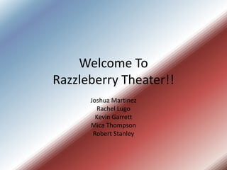 Welcome To
Razzleberry Theater!!
        Joshua
        Rachel
         Kevin
         Mica
        Robert
 