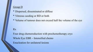 Group D
• Dispersed, disseminated or diffuse
• Vitreous seeding or RD or both
• Volume of tumour does not exceed half the volume of the eye
Rx
Four drug chemoreduction with prechemotherapy cryo
Whole Eye EBR – Intensified chemo
Enucleation for unilateral lesions
 