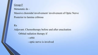 Group F
Metastatic ds –
Massive choroidal involvement/ involvement of Optic Nerve
Posterior to lamina cribrosa
Rx
Adjuvant. Chemotherapy before and after enucleation
Orbital radiation therapy if
- orbit
- optic nerve is involved
 
