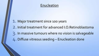 Enucleation
1. Major treatment since 100 years
2.Initial treatment for advanced I.O.Retinoblastoma
3. In massive tumours where no vision is salvageable
4.Diffuse vitreous seeding – Enucleation done
 