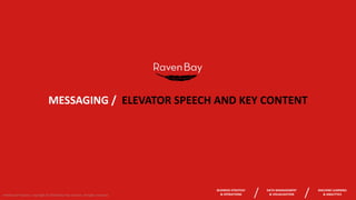 MESSAGING	/		ELEVATOR	SPEECH	AND	KEY	CONTENT
Intellectual	Property.	Copyright	©	2016	Raven	Bay	Services.	All	rights	reserved.
BUSINESS	STRATEGY	
&	OPERATIONS
DATA	MANAGEMENT
&	VISUALIZATION
MACHINE	LEARNING
&	ANALYTICS
 
