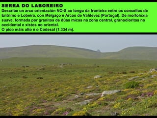 O RELEVO
Unha sucesión de serras forman un arco que marca a fronteira entre Galiza e
Portugal: Leboreiro, Queguas, Montes do Quinxo, Santa Eufemia, Xurés/Gerès e
Pisco. Na zona galega atópanse os montes de Bande e as lombas da Pena da
Edra, polo norte. Na zona portuguesa as serras da Peneda, Amarela e Soajo.
As cotas máximas son os altos de Nevosa (1.546 m) e Fontefría (1.458 m) situados
no núcleo central dos cumes da serra Gerês-Xurés.
Cumes do Xurés
 