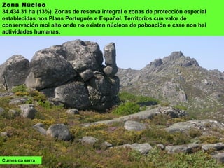 Zona Núcleo
34.434,31 ha (13%). Zonas de reserva integral e zonas de protección especial
establecidas nos Plans Portugués e Galego. Territorios cun valor de conservación
moi alto onde no existen núcleos de poboación e case non hai actividades
humanas.
Cumes da serra
 
