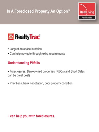 The Real DealGetting Ready to Buy a HomeYour Housing Needs & WantsYour Buying PowerYour Loan OptionsGovernment Tax CreditsForeclosure OpportunitiesInvesting Opportunities