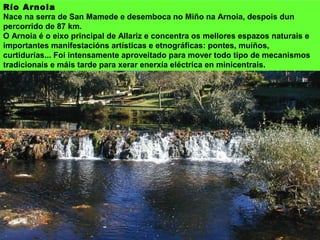 Río Arnoia
Nace na serra de San Mamede e desemboca no Miño na Arnoia, despois dun
percorrido de 87 km.
O Arnoia é o eixo principal de Allariz e concentra os mellores espazos naturais e
importantes manifestacións artísticas e etnográficas: pontes, muíños,
curtidurías... Foi intensamente aproveitado para mover todo tipo de mecanismos
tradicionais e máis tarde para xerar enerxía eléctrica en minicentrais.
 
