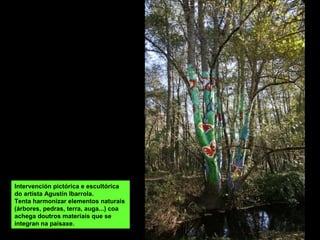 Intervención pictórica e escultórica
do artista Agustín Ibarrola.
Tenta harmonizar elementos naturais
(árbores, pedras, terra, auga...) coa
achega doutros materiais que se
integran na paisaxe.
 
