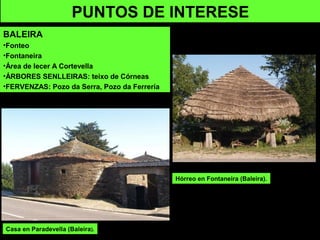 PUNTOS DE INTERESE
BALEIRA
•Fonteo
•Fontaneira
•Área de lecer A Cortevella
•ÁRBORES SENLLEIRAS: teixo de Córneas
•FERVENZAS: Pozo da Serra, Pozo da Ferrería
Casa en Paradevella (Baleira).
Hórreo en Fontaneira (Baleira).
 