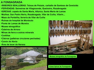 A FONSAGRADA
•ÁRBORES SENLLEIRAS: Teixos de Peizais, carballo de Santoso de Cereixido
•FERVENZAS: Seimeiras de Vilagocende, Queixoiro, Rozabragada
•IGREXAS: capela de Santa María, Allonca, Santa María de Lamas
•Muíños: San Pedro Nerio, Rozabragada, Vilar de Cuíña, Vilarín...
•Mazo da Porteliña, ferrería de Vilar de Cuíña
•Ruínas do hospital de Montouto
•Ponte de Lamas de Moreira
•Museo etnográfico
•Caleiros de Arroxo
•Minas de ferro e outros minerais
•Cortiños
•Cileiros (palleiras circulares pechadas)
•Canón do Navia
•Área de lecer da Naraxa
Mueseo etnográfico da Fonsagrada
Casas típicas da Fonsagrada
 