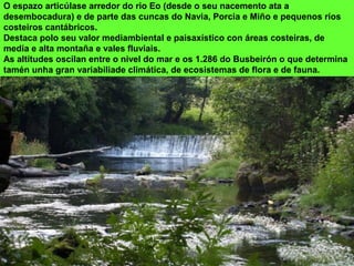 O espazo articúlase arredor do rio Eo (desde o seu nacemento ata a
desembocadura) e de parte das cuncas do Navia, Porcia e Miño e pequenos ríos
costeiros cantábricos.
Destaca polo seu valor mediambiental e paisaxístico con áreas costeiras, de
media e alta montaña e vales fluviais.
As altitudes oscilan entre o nivel do mar e os 1.286 do Busbeirón o que determina
tamén unha gran variabiliade climática, de ecosistemas de flora e de fauna.
 