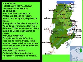 SUPERFICIE:
158.883 ha (108.007 en Galiza)
compartidas con Asturias
CONCELLOS:
Galiza: Ribadeo, Trabada, A
Pontenova, Ribeira de Piquín,
Baleira, A Fonsagrada, Negueira de
Muñiz.
Principado de Asturias: Castropol, A
Veiga do Eo, Taramundi, San Tirso
de Abres, Villanueva de Oscos, Santa
Eulalia de Oscos e San Martín de
Oscos
VALORES NATURAIS:
Ecosistemas de montaña, ríos,
bosques de ribeira, fragas, cantís,
praias e dunas, esteiros e unha gran
variedade de flora e fauna atlánticas
e mediterráneas.
VALORES CULTURAIS:
Patrimonio histórico-artístico e
etnográfico, tecnoloxía tradicional...
 