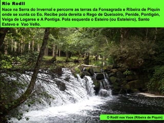 Río Rodil
Nace na Serra do Invernal e percorre as terras da Fonsagrada e Ribeira de Piquín
onde se xunta co Eo. Recibe pola dereita o Rego de Queixoiro, Penide, Pontigón,
Veiga de Logares e A Pontiga. Pola esquerda o Esteiro (ou Esteleiro), Santo
Estevo e Vao Vello.
O Rodil nos Vaos (Ribeira de Piquín)
 