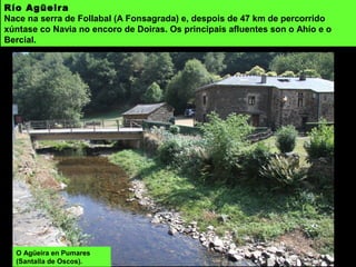 Río Agüeira
Nace na serra de Follabal (A Fonsagrada) e, despois de 47 km de percorrido
xúntase co Navia no encoro de Doiras. Os principais afluentes son o Ahío e o
Bercial.
O Agüeira en Pumares
(Santalla de Oscos).
 