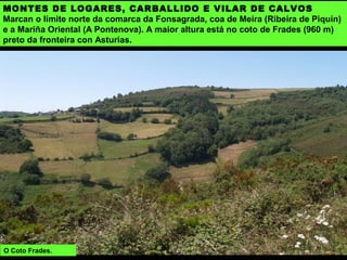 MONTES DE LOGARES, CARBALLIDO E VILAR DE CALVOS
Marcan o límite norte da comarca da Fonsagrada, coa de Meira (Ribeira de Piquín)
e a Mariña Oriental (A Pontenova). A maior altura está no coto de Frades (960 m)
preto da fronteira con Asturias.
O Coto Frades.
 