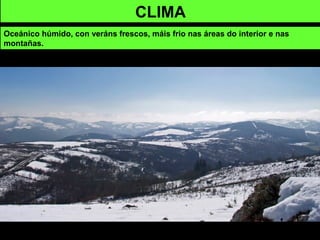CLIMA
Oceánico húmido, con veráns frescos, máis frio nas áreas do interior e nas
montañas.
 