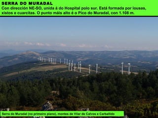 Serra do Muradal (no primeiro plano), montes de Vilar de Calvos e Carballido
SERRA DO MURADAL
Con dirección NE-SO, unida á do Hospital polo sur. Está formada por lousas,
xistos e cuarcitas. O punto máis alto é o Pico do Muradal, con 1.108 m.
 