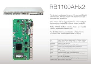 RB1100AHx2
This device is our best performance 1U rackmount Gigabit
Ethernet router. With a dual core CPU, it can reach up to a
million packets per second.
It has thirteen individual gigabit Ethernet ports, two 5-port
switch groups, and includes Ethernet bypass capability.
2GB of SODIMM RAM are included, there is one microSD
card slot, a beeper and a serial port.
The RB1100AH comes preinstalled in a 1U aluminium
rackmount case, assembled and ready to deploy.
CPU PowerPC P2020 dual core 1066MHz network CPU with IPsec accelerator
Memory SODIMM DDR Slot, 2GB installed (RouterOS will use only up to 1.5GB)
Boot loader RouterBOOT, 1Mbit Flash chip
Data storage Onboard NAND memory chip, one microSD card slot
Ethernet Thirteen 10/100/1000 Mbit/s Gigabit Ethernet with Auto-MDI/X
Ethernet Includes switch to enable Ethernet bypass mode in two ports
miniPCI none
Serial port One DB9 RS232C asynchronous serial port
Extras Reset switch, beeper, voltage and temperature sensors
Power options Built-in power supply (IEC C14 standard connector 110/220V), PoE (12-
24V on port 13)
Fan Built in fans, and Fan headers
Dimensions 1U case: 44 x 176 x 442 mm, 1275g. Board only: 365g
Operating System MikroTik RouterOS, Level 6 license
 