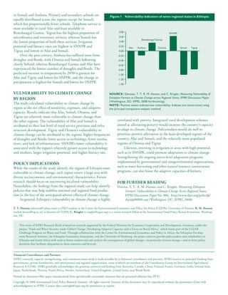 in Somali and Amhara. Primary and secondary schools are                             Figure 1 Vulnerability indicators of seven regional states in ethiopia
equally distributed across the regions except for Somali,
which has proportionally fewer schools. Telephone service is
most available in rural Afar and least available in
Beneshangul Gumuz. Tigray has the highest proportion of                                     0.80                                       SNNPR
microfinance and veterinary services, whereas Somali has                                    0.60
                                                                                                                Beneshangul Gumuz
the lowest proportion of both these services. Irrigation                                    0.40
potential and literacy rates are highest in SNNPR and                                       0.20
                                                                                                     Afar   Amhara            Oromia           Somali   Tigray
Tigray and lowest in Afar and Somali.                                                       0.00
     Over the past century, Amhara has suffered most from                                  -0.20
droughts and floods, with Oromia and Somali following                                      -0.40
closely behind, whereas Beneshangul Gumuz and Afar have                                    -0.60
experienced the lowest number of droughts and floods. The                                  -0.80
predicted increase in temperature by 2050 is greatest for                                  -1.00
Afar and Tigray and lowest for SNPPR, and the change in                                    -1.20
precipitation is highest for Somali and lowest for SNPPR.
                                                                                           -1.40


VulnERAbility to CliMAtE ChAngE                                                     SouRce: Deressa, T. T., R. M. Hassan, and C. Ringler, Measuring Vulnerability of
by REgion                                                                           Ethiopian Farmers to Climate Change across Regional States, IFPRI Discussion Paper
                                                                                    (Washington, DC: IFPRI, 2008 forthcoming).
The study calculated vulnerability to climate change by                             Note: Positive values indicate low vulnerability. Indexes are constructed using
region as the net effect of sensitivity, exposure, and adaptive                     the principal component analysis method.
capacity. Results indicate that Afar, Somali, Oromia, and
Tigray are relatively more vulnerable to climate change than
the other regions. The vulnerability of Afar and Somali is                                 correlated with poverty. Integrated rural development schemes
attributed to their low level of rural service provision and infra-                        aimed at alleviating poverty would increase the country’s capacity
structure development. Tigray and Oromia’s vulnerability to                                to adapt to climate change. Policymakers would do well to
climate change can be attributed to the regions’ higher frequencies                        prioritize poverty alleviation in the least-developed regions of the
of droughts and floods, lower access to technology, fewer institu-                         country, Afar and Somali, and the relatively more populated
tions, and lack of infrastructure. SNNPR’s lower vulnerability is                          regions of Oromia and Tigray.
associated with the region’s relatively greater access to technology                            Likewise, investing in irrigation in areas with high potential,
and markets, larger irrigation potential, and higher literacy rate.                        such as in SNNPR, could promote adaptation to climate change.
                                                                                           Strengthening the ongoing micro-level adaptation programs
                                                                                           implemented by governmental and nongovernmental organizations,
poliCy iMpliCAtionS
While the results of the study identify the regions of Ethiopia most                       such as water harvesting and other natural resource conservation
vulnerable to climate change, each region covers a large area with                         programs, can also boost the adaptive capacities of farmers.
diverse socioeconomic and environmental characteristics. Future
research should focus on uncovering localized vulnerability.                               FoR FuRthER REAding
Nonetheless, the findings from the regional study can help identify                        Deressa, T. T., R. M. Hassan, and C. Ringler, Measuring Ethiopian
policies that may help stabilize national and regional food produc-                             Farmers’ Vulnerability to Climate Change Across Regional States,
tion in the face of the anticipated adverse effects of climate change.                          IFPRI Discussion Paper No. 806, http://www.ifpri.org/pubs/dp/
     In general, Ethiopia’s vulnerability to climate change is highly                           ifpridp00806.asp (Washington, DC: IFPRI, 2008).

t. t. deressa (tderessa@yahoo.com) is a PhD student at the Centre for Environmental Economics and Policy for Africa (CEEPA), University of Pretoria. R. M. hassan
(rashid.hassan@up.ac.za) is director of CEEPA. C. Ringler (c.ringler@cgiar.org) is a senior research fellow at the International Food Policy Research Institute, Washing-
ton, DC.


     This series of IFPRI Research Briefs is based on research supported by the Federal Ministry for Economic Cooperation and Development, Germany, under the
     project “Food and Water Security under Global Change: Developing Adaptive Capacity with a Focus on Rural Africa,” which forms part of the CGIAR
     Challenge Program on Water and Food. Through collaboration with the Center for Environmental Economics and Policy in Africa, the Ethiopian Develop-
     ment Research Institute, the Ethiopian Economics Association, and the University of Hamburg, the project aims to provide policymakers and stakeholders in
     Ethiopia and South Africa with tools to better understand and analyze the consequences of global change—in particular climate change—and to form policy
     decisions that facilitate adaptation in these countries and beyond.


Financial Contributors and Partners
IFPRI’s research, capacity strengthening, and communications work is made possible by its financial contributors and partners. IFPRI receives its principal funding from
governments, private foundations, and international and regional organizations, most of which are members of the Consultative Group on International Agricultural
Research (CGIAR). IFPRI gratefully acknowledges the generous unrestricted funding from Australia, Canada, China, Finland, France, Germany, India, Ireland, Italy,
Japan, Netherlands, Norway, South Africa, Sweden, Switzerland, United Kingdom, United States, and World Bank.

Printed on alternative-fiber paper manufactured from agriculturally sustainable resources that are processed chlorine-free (PCF).
Copyright © 2008 International Food Policy Research Institute. All rights reserved. Sections of this document may be reproduced without the permission of but with
acknowledgment to IFPRI. Contact ifpri-copyright@cgiar.org for permission to reprint.
 