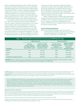 declines in agricultural production, trade, and other nonagricul-                          investments in roads, in part because additional irrigation
tural activities. Failure to include these factors may well result in                      ameliorates the negative effects of drought and therefore has a
misleading insights and an overestimation of the welfare benefits                          particularly strong impact on production and farm income.
to the economy (Table 1). Stochastic modeling, including climate                           Because drought has a persistent impact on income and food
variability, thus appears to be essential and warranted when                               security, preventing or reducing the severity of drought has
modeling investment in sectors that are responsive to climate                              long-term benefits. As expected, the welfare of the country is best
extremes. Including climate variability in the model offers more                           under the combined investment strategy.
prudent predictions based on realistic ranges of economic values                                Finally, considering climate variability when predicting the
from which Ethiopian planners may make strategic decisions.                                outcome of investment decisions can also provide some sense of
     The simulations of increased investment in irrigated agricul-                         probabilistic risk. No investment strategy can ensure economic
ture, roads, and a combination of the two showed improved                                  success, so planners need to know the probability that the
economic outcomes compared with the baseline case. The results                             economy will fall within some acceptable range of economic values
of the simulations indicate that benefits from investments in                              for a given investment strategy.
irrigation and roads are manifested differently; investments in
irrigation provide benefits within the agricultural sector, while                          for furthEr rEaDINg
investments in roads predominantly benefit the nonagricultural                             Block, P. J., K. Strzepek, M. Rosegrant, and X. Diao, Impacts of
sector, but they allow for some agricultural feedbacks. The results                             Considering Climate Variability on Investment Decisions in Ethiopia,
also show that investments in irrigation are slightly more effective                            Environment and Production Technology Division Discussion
in boosting the Ethiopian economy and reducing poverty than are                                 Paper No. 150 (Washington, DC: IFPRI, 2006).


                            Table 1        Simulated effects of investments on poverty and GDP growth rates
                                                                  GDP growth rate                                                     Poverty rate 2015
                                                                                                                                                 Range for variable
                                                        Average                   Range for variable                  Average climate
                                                                                                                                                 climate conditions
                                                  climate conditions            climate conditions for             conditions for a single
                                                                                                                                                    for numerous
                                                for a single model run          numerous model runs                     model run
                                                                                                                                                     model runs
                                                (deterministic model)             (stochastic model)               (deterministic model)
   Simulation                                                                                                                                    (stochastic model)
   Baseline                                                2.82                         2.34–3.03                             42.98                  40.59–52.22

   Irrigation                                              3.68                         2.25–3.22                             39.27                  42.70–61.36
   Roads                                                   3.58                         2.00–3.08                             39.82                  43.37–62.96
   Combination of irrigation and roads                     4.40                         2.95–3.92                             36.15                  39.77–58.77

  SouRce: Block, P. J., Kenneth Strzepek, Mark Rosegrant, and Xinshen Diao, Impacts of Considering Climate Variability on Investment Decisions in Ethiopia,
  Environment and Production Technology Division Discussion Paper No. 150 (Washington, DC: IFPRI, 2006).




P. J. block (pblock@iri.columbia.edu) is a postdoctoral research scientist at the International Research Institute for Climate and Society of Columbia University, New
York. K. strzepek (Kenneth.Strzepek@Colorado.edu) is professor of civil, environmental, and architectural engineering at the University of Colorado, Boulder.
m. rosegrant (m.rosegrant@cgiar.org) is director of the Environment and Production Technology Division of the International Food Policy Research Institute (IFPRI).
X. Diao (x.diao@cgiar.org) is a senior research fellow in the Development Strategy and Governance Division at IFPRI.


     This series of IFPRI Research Briefs is based on research supported by the Federal Ministry for Economic Cooperation and Development, Germany, under the
     project “Food and Water Security under Global Change: Developing Adaptive Capacity with a Focus on Rural Africa,” which forms part of the CGIAR
     Challenge Program on Water and Food. Through collaboration with the Center for Environmental Economics and Policy in Africa, the Ethiopian Develop-
     ment Research Institute, the Ethiopian Economics Association, and the University of Hamburg, the project aims to provide policymakers and stakeholders in
     Ethiopia and South Africa with tools to better understand and analyze the consequences of global change—in particular climate change—and to form policy
     decisions that facilitate adaptation in these countries and beyond.


Financial Contributors and Partners
IFPRI’s research, capacity strengthening, and communications work is made possible by its financial contributors and partners. IFPRI receives its principal funding from
governments, private foundations, and international and regional organizations, most of which are members of the Consultative Group on International Agricultural
Research (CGIAR). IFPRI gratefully acknowledges the generous unrestricted funding from Australia, Canada, China, Finland, France, Germany, India, Ireland, Italy,
Japan, Netherlands, Norway, South Africa, Sweden, Switzerland, United Kingdom, United States, and World Bank.

Printed on alternative-fiber paper manufactured from agriculturally sustainable resources that are processed chlorine-free (PCF).
Copyright © 2008 International Food Policy Research Institute. All rights reserved. Sections of this document may be reproduced without the permission of but with
acknowledgment to IFPRI. Contact ifpri-copyright@cgiar.org for permission to reprint.
 