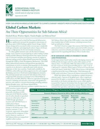 INTERNATIONAL FOOD
                POLICY RESEARCH INSTITUTE
                sustainable solutions for ending hunger and poverty

                Supported by the CGIAR


                                                                                                                  IFPRI Research Brief        15–13
HOW CAN AFRICAN AGRICULTURE ADAPT TO CLIMATE CHANGE? INSIGHTS FROM ETHIOPIA AND SOUTH AFRICA

Global Carbon Markets
Are There Opportunities for Sub-Saharan Africa?
Elizabeth Bryan, Wisdom Akpalu, Claudia Ringler, and Mahmud Yesuf


H      uman activities such as fossil fuel burning and deforestation
       have significantly increased the atmospheric concentration of
greenhouse gases (GHG) leading to global climate change. Global
                                                                            Sub-Saharan Africa’s share of the CDM market is nine times smaller
                                                                            than its global share of GHG emissions, including emissions from
                                                                            land use and land-use change.
climate change and its associated weather extremes pose considerable              This brief is based on a paper that examines Sub-Saharan Africa’s
challenges worldwide, and mitigating the adverse impacts of climate         current involvement in carbon markets, potential for GHG emission
change is a high priority for the international community.                  reductions, constraints to further participation in carbon markets, and
     To reduce global emissions and curb the threat of climate              opportunities for expanding Sub-Saharan Africa’s market share.
change, many countries are participating in carbon trading. Carbon
trading includes allowance-based agreements that impose national            Sub-SaHaran afriCa’S Market SHare
caps on emissions and allow participating countries to engage in            and potential
emission trading as well as project-based transactions (for example,        As the largest project-based market aimed at developing countries, the
through the CDM or Clean Development Mechanism). The CDM                    CDM provides the largest outlet for carbon offset projects in Sub-
allows industrialized countries with greenhouse gas reduction               Saharan Africa. As of October 2008, Sub-Saharan Africa accounted
commitments to invest in emission-reducing projects in developing           for only 1.4 percent of all registered CDM projects—only 17 out of
countries as an alternative to generally more costly emission               1,186 projects—and most of these projects (14 out of 17) were located
reductions in their own countries. Funds made available by the              in just one country, South Africa. Thus, African projects still represent
CDM for carbon offsets provide an opportunity for cash-strapped             a small fraction of the entire CDM market. China dominates the
developing countries to fund much needed adaptation measures.               CDM market with about 73 percent of volumes transacted (in 2007).
The potential annual value stream for Sub-Saharan Africa from                     While Sub-Saharan Africa’s contribution to global emissions is
mitigating GHG emissions is estimated to be US$4.8 billion at               relatively small—5 percent of the global total—there is significant
carbon prices of US$0–20/tCO2e. Moreover, agricultural mitigation           potential for the region to contribute to climate change mitigation,
measures, including soil and water conservation and agroforestry            particularly in the forestry and agriculture sectors, which together
practices, also enhance ecosystem functioning, providing resilience         accounted for 73 percent of emissions from the region (and 13 percent
against droughts, pests, and climate-related shocks.                        of the global total emissions from these sectors). Moreover, Africa’s
     Yet the potential for Africa to contribute to global reductions in     emissions from agriculture and land-use change and deforestation are
GHG emissions is quite substantial.
Estimates suggest Africa could              Table 1 Estimated Economic Mitigation Potential by Management Practice and Region
potentially contribute to GHG
                                                                   Economic Mitigation Potential by 2030 at US$0–20/tCO2e (MtCO2e/yr)
reductions of 265 MtCO2e (million
tons of carbon dioxide or equivalent)                                                          Restoration Restoration
per year at carbon prices of up to                             Cropland      Grazing land       of organic     of degraded      Other
                                                             management management                 soils            land      practices     Total
US$20 through agricultural
measures and 1,925 MtCO2e/yr at              East Africa           28             27               25               13            15         109
carbon prices of up to                       Central Africa        13             12                11               6             7          49
US$100/tCO2e by 2030 through                 North Africa           6              6                 6               3             3          25
changes in the forestry sector. These        South Africa           6              5                 5               3             3          22
amounts constitute 17 and                    West Africa           16             15                14               7             8          60
14 percent, respectively, of the global                            69             65                61              33            37         265
total potential for mitigation in these      Total               (26%)          (25%)            (23%)            (12%)         (14%)      (100%)
sectors. However, countries in
Sub-Saharan Africa are marginalized           SOURCE: Smith et al. 2008.
in global carbon markets.


2033 K Street, NW • Washington, DC 20006-1002 USA • T. +1-202-862-5600 / Skype: IFPRIhomeoffice • F. +1-202-467-4439 • ifpri@cgiar.org   www.ifpri.org
 