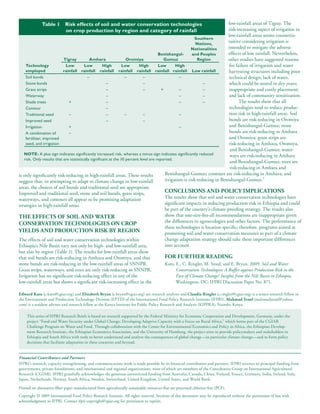 Table 1       Risk effects of soil and water conservation technologies                                        low-rainfall areas of Tigray. The
                            on crop production by region and category of rainfall                                           risk-increasing aspect of irrigation in
                                                                                                                            low-rainfall areas seems counterin-
                                                                                                            Southern
                                                                                                            Nations,
                                                                                                                            tuitive considering irrigation is
                                                                                                          Nationalities     intended to mitigate the adverse
                                                                                      Benishangul-        and Peoples       effects of low rainfall. Nevertheless,
                           Tigray           Amhara                 Oromiya                Gumuz              Region         other studies have suggested reasons
    Technology              Low         Low          High        Low      High        Low       High                         for failure of irrigation and water
    employed               rainfall rainfall rainfall rainfall rainfall rainfall rainfall Low rainfall                       harvesting structures including poor
    Soil bunds                             –                      –          –                    –                          technical design; lack of water,
    Stone bunds                                        –                     –                                  –            which could be stored in dry years;
    Grass strips                                       –                     –          +         –             –            inappropriate and costly placement;
    Waterway                                           –                                          –             –            and lack of community sensitization.
    Shade trees               +                        –                                          –             –                  The results show that all
    Contour                                            –                                                                     technologies tend to reduce produc-
    Traditional seed          –                        –          –          –                    –                          tion risk in high-rainfall areas. Soil
    Improved seed                                      –                     –                                               bunds are risk-reducing in Oromiya
    Irrigation                +                                                                   –                          and Benishangul-Gumuz; stone
    A combination of          –                                                                                              bunds are risk-reducing in Amhara
    fertilizer, improved                                                                                                     and Oromiya; grass strips are
    seed, and irrigation                                                                                                     risk-reducing in Amhara, Oromiya,
                                                                                                                             and Benishangul-Gumuz; water-
   NOTE: A plus sign indicates significantly increased risk, whereas a minus sign indicates significantly reduced            ways are risk-reducing in Amhara
   risk. Only results that are statistically significant at the 10 percent level are reported.
                                                                                                                             and Benishangul-Gumuz; trees are
                                                                                                                             risk-reducing in Amhara and
is only significantly risk-reducing in high-rainfall areas. These results                 Benishangul-Gumuz; contours are risk-reducing in Amhara; and
suggest that, in attempting to adapt to climate change in low-rainfall                    irrigation is risk-reducing in Benishangul-Gumuz.”
areas, the choices of soil bunds and traditional seed are appropriate.
Improved and traditional seed, stone and soil bunds, grass strips,                         CONCLUSIONS AND POLICY IMPLICATIONS
waterways, and contours all appear to be promising adaptation                              The results show that soil and water conservation technologies have
strategies in high-rainfall areas.                                                         significant impacts in reducing production risk in Ethiopia and could
                                                                                           be part of the country’s climate-proofing strategy. The results also
THE EFFECTS OF SOIL AND WATER                                                              show that one-size-fits-all recommendations are inappropriate given
CONSERVATION TECHNOLOGIES ON CROP                                                          the differences in agroecologies and other factors. The performance of
                                                                                           these technologies is location specific; therefore, programs aimed at
YIELDS AND PRODUCTION RISK BY REGION                                                       promoting soil and water conservation measures as part of a climate
The effects of soil and water conservation technologies within                             change adaptation strategy should take these important differences
Ethiopia’s Nile Basin vary not only by high- and low-rainfall area,                        into account.
but also by region (Table 1). The results for low-rainfall areas show
that soil bunds are risk-reducing in Amhara and Oromiya, and that                          FOR FURTHER READING
stone bunds are risk-reducing in the low-rainfall areas of SNNPR.                          Kato, E., C. Ringler, M. Yesuf, and E. Bryan. 2009. Soil and Water
Grass strips, waterways, and trees are only risk-reducing in SNNPR.                              Conservation Technologies: A Buffer against Production Risk in the
Irrigation has no significant risk-reducing effect in any of the                                 Face of Climate Change? Insights from the Nile Basin in Ethiopia.
low-rainfall areas but shows a significant risk-increasing effect in the                         Washington, DC: IFPRI Discussion Paper No. 871.

Edward Kato (e.kato@cgiar.org) and Elizabeth Bryan (e.bryan@cgiar.org) are research analysts and Claudia Ringler (c.ringler@cgiar.org) is a senior research fellow in
the Environment and Production Technology Division (EPTD) of the International Food Policy Research Institute (IFPRI). Mahmud Yesuf (mahmudyesuf@yahoo.
com) is a resident advisor and research fellow at the Kenya Institute for Public Policy Research and Analysis (KIPPRA), Nairobi, Kenya.

     This series of IFPRI Research Briefs is based on research supported by the Federal Ministry for Economic Cooperation and Development, Germany, under the
     project “Food and Water Security under Global Change: Developing Adaptive Capacity with a Focus on Rural Africa,” which forms part of the CGIAR
     Challenge Program on Water and Food. Through collaboration with the Center for Environmental Economics and Policy in Africa, the Ethiopian Develop-
     ment Research Institute, the Ethiopian Economics Association, and the University of Hamburg, the project aims to provide policymakers and stakeholders in
     Ethiopia and South Africa with tools to better understand and analyze the consequences of global change—in particular climate change—and to form policy
     decisions that facilitate adaptation in these countries and beyond.


Financial Contributors and Partners
IFPRI’s research, capacity strengthening, and communications work is made possible by its financial contributors and partners. IFPRI receives its principal funding from
governments, private foundations, and international and regional organizations, most of which are members of the Consultative Group on International Agricultural
Research (CGIAR). IFPRI gratefully acknowledges the generous unrestricted funding from Australia, Canada, China, Finland, France, Germany, India, Ireland, Italy,
Japan, Netherlands, Norway, South Africa, Sweden, Switzerland, United Kingdom, United States, and World Bank.

Printed on alternative-fiber paper manufactured from agriculturally sustainable resources that are processed chlorine-free (PCF).
Copyright © 2009 International Food Policy Research Institute. All rights reserved. Sections of this document may be reproduced without the permission of but with
acknowledgment to IFPRI. Contact ifpri-copyright@cgiar.org for permission to reprint.
 