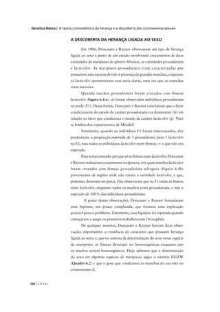 Genética Básica | A teoria cromossômica da herança e a descoberta dos cromossomos sexuais
C E D E R J104
A DESCOBERTA DA HERANÇA LIGADA AO SEXO
Em 1906, Doncaster e Raynor observaram um tipo de herança
ligada ao sexo a partir de um estudo envolvendo cruzamentos de duas
variedades de mariposas do gênero Abraxas, as variedades grossulariata
e lacticolor. As mariposas grossulariata eram caracterizadas por
possuírem asas escuras devido à presença de grandes manchas, enquanto
as lacticolor apresentavam asas mais claras, uma vez que as manchas
eram menores.
Quando machos grossulariata foram cruzados com fêmeas
lacticolor (Figura 6.4.a), só foram observados indivíduos grossulariata
na prole (F1). Dessa forma, Doncaster e Raynor concluíram que o fator
condicionante do estado de caráter grossulariata era dominante (G) em
relação ao fator que condiciona o estado de caráter lacticolor (g). Você
se lembra dos experimentos de Mendel?
Entretanto, quando os indivíduos F1 foram intercruzados, eles
produziram a proporção esperada de 3 grossulariata para 1 lacticolor
na F2, mas todos os indivíduos lacticolor eram fêmeas — o que não era
esperado.
Para tentar entender por que só as fêmeas eram lacticolor, Doncaster
e Raynor realizaram cruzamentos recíprocos, nos quais machos lacticolor
foram cruzados com fêmeas grossulariata selvagens (Figura 6.4b)
provenientes de regiões onde não existia a variedade lacticolor, e que,
portanto, deveriam ser puras. Eles observaram que na F1 todas as fêmeas
eram lacticolor, enquanto todos os machos eram grossulariata, e não o
esperado de 100% dos indivíduos grossulariata.
A partir destas observações, Doncaster e Raynor formularam
uma hipótese, um pouco complicada, que fornecia uma explicação
possível para o problema. Entretanto, essa hipótese foi rejeitada quando
começaram a surgir os primeiros trabalhos com Drosophila.
De qualquer maneira, Doncaster e Raynor ﬁzeram duas obser-
vações importantes: a existência de caracteres que possuem herança
ligada ao sexo; e, que no sistema de determinação do sexo nessa espécie
de mariposas, as fêmeas deveriam ser heterozigóticas enquanto que
os machos seriam homozigóticos. Hoje sabemos que a determinação
do sexo em algumas espécies de mariposas segue o sistema ZZ/ZW
(Quadro 6.2) e que o gene que condiciona as manchas da asa está no
cromossomo Z.
 