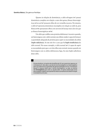 Genética Básica | Do gene ao fenótipo
C E D E R J150
Só para lembrar, os machos de drosóﬁla são XY; por possuírem apenas um
cromossomo X, não cabe o uso dos termos homozigótico ou heterozigótico
para nos referirmos ao genótipo de genes localizados em seu cromossomo
sexual X. Usamos neste caso, o termo hemizigótico, ou seja, os machos
são hemizigóticos para este ou aquele alelo. A mesma observação serve
para qualquer espécie que apresente sistema semelhante de determinação
cromossômica do sexo.
!
Quanto às relações de dominância, o alelo selvagem (w+
) possui
dominância completa em relação a estes dois genes; fêmeas heterozigó-
ticas w+
w ou w+
wa
possuem olhos de cor vermelho-escuros. No entanto,
o alelo wa
apresenta dominância incompleta em relação ao alelo w, pois
fêmeas wa
w apresentam olhos com um tom de laranja mais claro do que
as fêmeas homozigóticas wa
wa
.
Um alelo que codiﬁca uma proteína defeituosa é recessivo quando,
em heterozigose com o alelo normal, esse último ainda é capaz de fornecer
a quantidade adequada de proteína para suprir as necessidades da célula
(haplo-suﬁciência). Se este não for o caso que há haplo-insuﬁciência do
alelo normal. No nosso exemplo, o alelo normal (w+
) é capaz de suprir
as necessidades para que a cor dos olhos seja normal, mesmo quando em
heterozigose com os alelos defeituosos; logo, há uma haplo-suﬁciência
desse alelo.
 