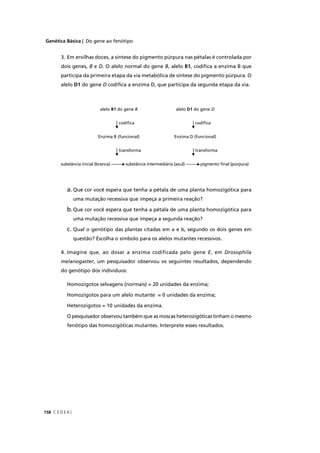 Genética Básica | Do gene ao fenótipo
C E D E R J158
3. Em ervilhas doces, a síntese do pigmento púrpura nas pétalas é controlada por
dois genes, B e D. O alelo normal do gene B, alelo B1, codiﬁca a enzima B que
participa da primeira etapa da via metabólica de síntese do pigmento púrpura. O
alelo D1 do gene D codiﬁca a enzima D, que participa da segunda etapa da via.
alelo B1 do gene B alelo D1 do gene D
codiﬁca codiﬁca
Enzima B (funcional) Enzima D (funcional)
transforma transforma
substância inicial (branca) ---------- substância intermediária (azul) ---------- pigmento ﬁnal (púrpura)-- --
a. Que cor você espera que tenha a pétala de uma planta homozigótica para
uma mutação recessiva que impeça a primeira reação?
b.Que cor você espera que tenha a pétala de uma planta homozigótica para
uma mutação recessiva que impeça a segunda reação?
c. Qual o genótipo das plantas citadas em a e b, segundo os dois genes em
questão? Escolha o símbolo para os alelos mutantes recessivos.
4. Imagine que, ao dosar a enzima codificada pelo gene E, em Drosophila
melanogaster, um pesquisador observou os seguintes resultados, dependendor
do genótipo dos indivíduos:
Homozigotos selvagens (normais) = 20 unidades da enzima;
Homozigotos para um alelo mutante = 0 unidades da enzima;
Heterozigotos = 10 unidades da enzima.
O pesquisador observou também que as moscas heterozigóticas tinham o mesmo
fenótipo das homozigóticas mutantes. Interprete esses resultados.
 
