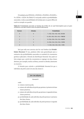C E D E R J 169
AULAMÓDULO19
O resultado seria: P(NAAA) + P(ANAA) + P(AANA) + P(AAAN) =
4 × (3/256) = 12/256. Na Tabela 9.2 você pode conferir as probabilidades
associadas a todas as possibilidades de fenótipo para os quatro ﬁlhos do
casal no exemplo em questão.
Tabela 9.2: Probabilidades associadas ao fenótipo dos 4 ﬁlhos de um casal heterozigótico para um gene
autossômico cujo alelo recessivo causa uma determinada doença.
Normais Afetados Probabilidade
4 0 1 × (¾) × (¾) × (¾) × (¾) = 81/256
3 1 4 × (¾) × (¾) × (¾) × (¼) = 108/256
2 2 6 × (¾) × (¾) × (¼) × (¼) = 54/256
1 3 4 × (¾) × (¼) × (¼) × (¼) = 12/256
0 4 1 × (¼) × (¼) × (¼) × (¼) = 1/256
Será que toda essa conversa não fez você lembrar das Probabi-
lidades Binomiais? É isso, podemos obter uma generalização para a
estimativa das probabilidades associadas ao resultado de cruzamentos
genéticos aplicando a fórmula da distribuição binomial. Isso pode ser
feito sempre que a prole dos cruzamentos se segregar em duas classes
distintas, por exemplo, macho ou fêmea, normal ou afetado, dominante
ou recessivo.
A fórmula para calcular a probabilidade binomial de que x
indivíduos da prole caiam em uma das classes é:
Fórmula 9.1
onde:
n= número total da prole;
x= número de indivíduos da prole que pertence à primeira de duas
classes possíveis;
y= número de indivíduos da prole que pertence à segunda de duas
classes possíveis;
p= probabilidade de cada indivíduo da prole pertencer à primeira
das duas classes;
q= probabilidade de cada indivíduo da prole pertencer à segunda
das duas classes.
[n! / (x! y!)] px
qy
 